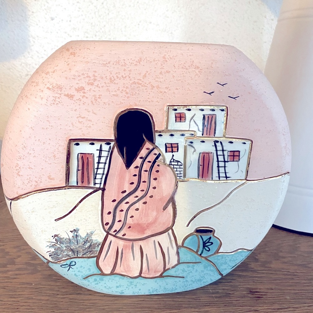 BJ Gore Pottery Vase Women scene with gold inlay . Beautiful bohemian vintage